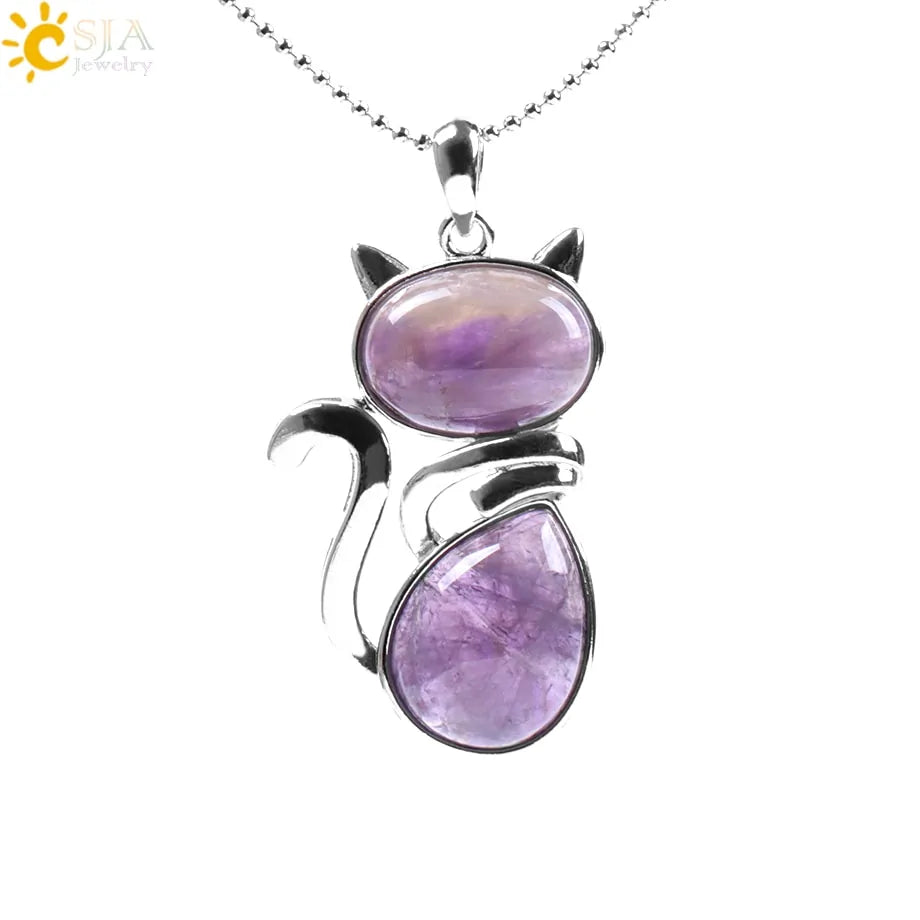 Cat Shape Natural Stone Necklaces With Beads Chain