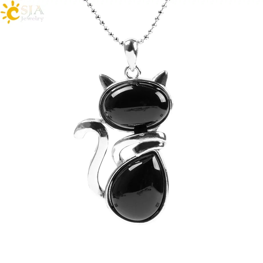 Cat Shape Natural Stone Necklaces With Beads Chain