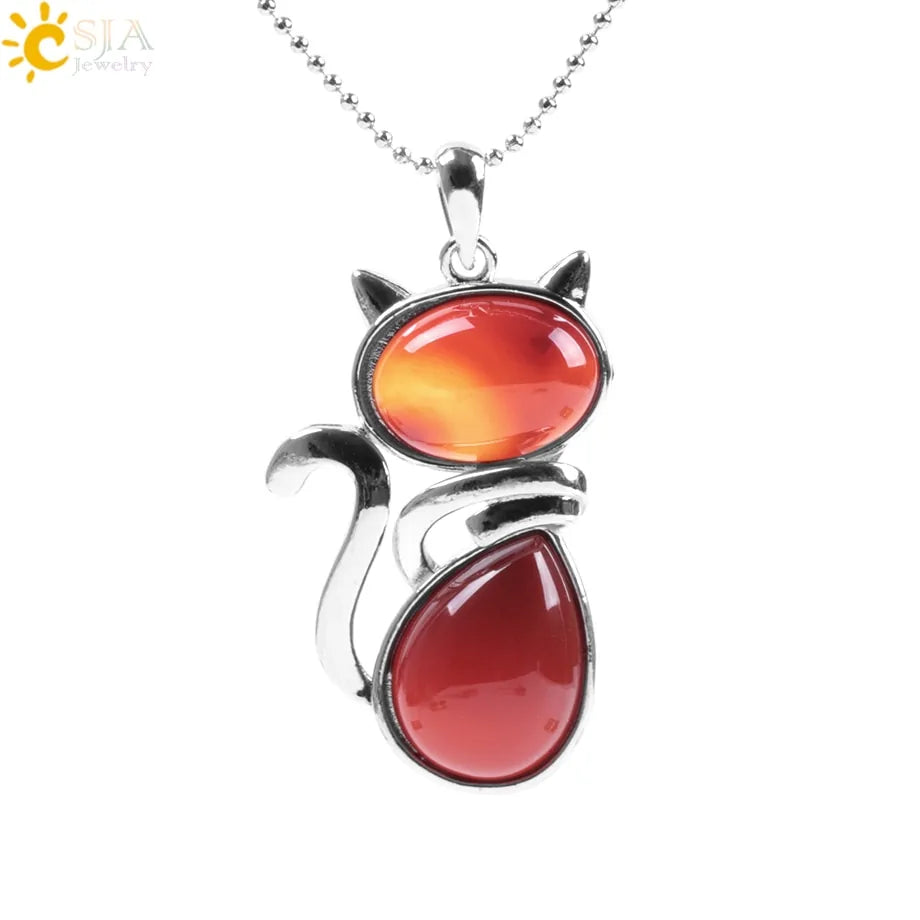 Cat Shape Natural Stone Necklaces With Beads Chain