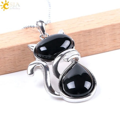 Cat Shape Natural Stone Necklaces With Beads Chain