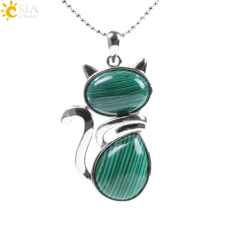 Cat Shape Natural Stone Necklaces With Beads Chain